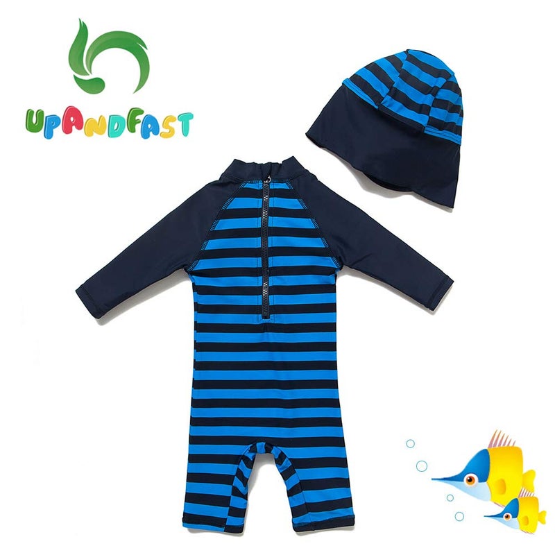 upandfast Baby Boy Long Sleeve Rashguard Baby Beach One-Piece Swimsuit (Navy, 9-12 Months) - Image 2